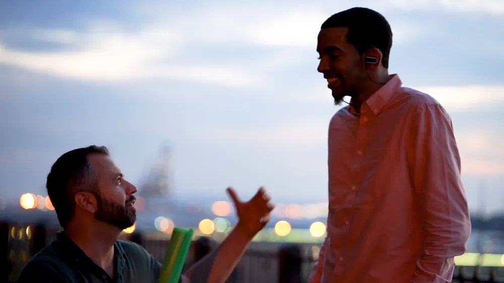 Rooftop scene at dusk